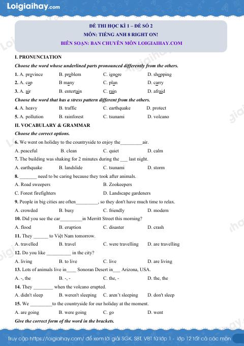 Đề thi học kì 1 Tiếng Anh 8 Right on! - Đề số 2